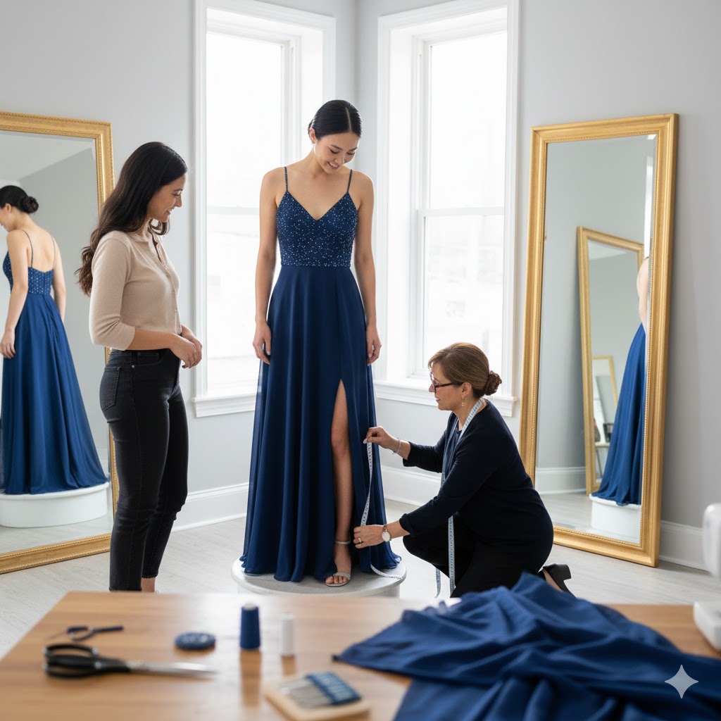 Designer evening dress with hem adjustment